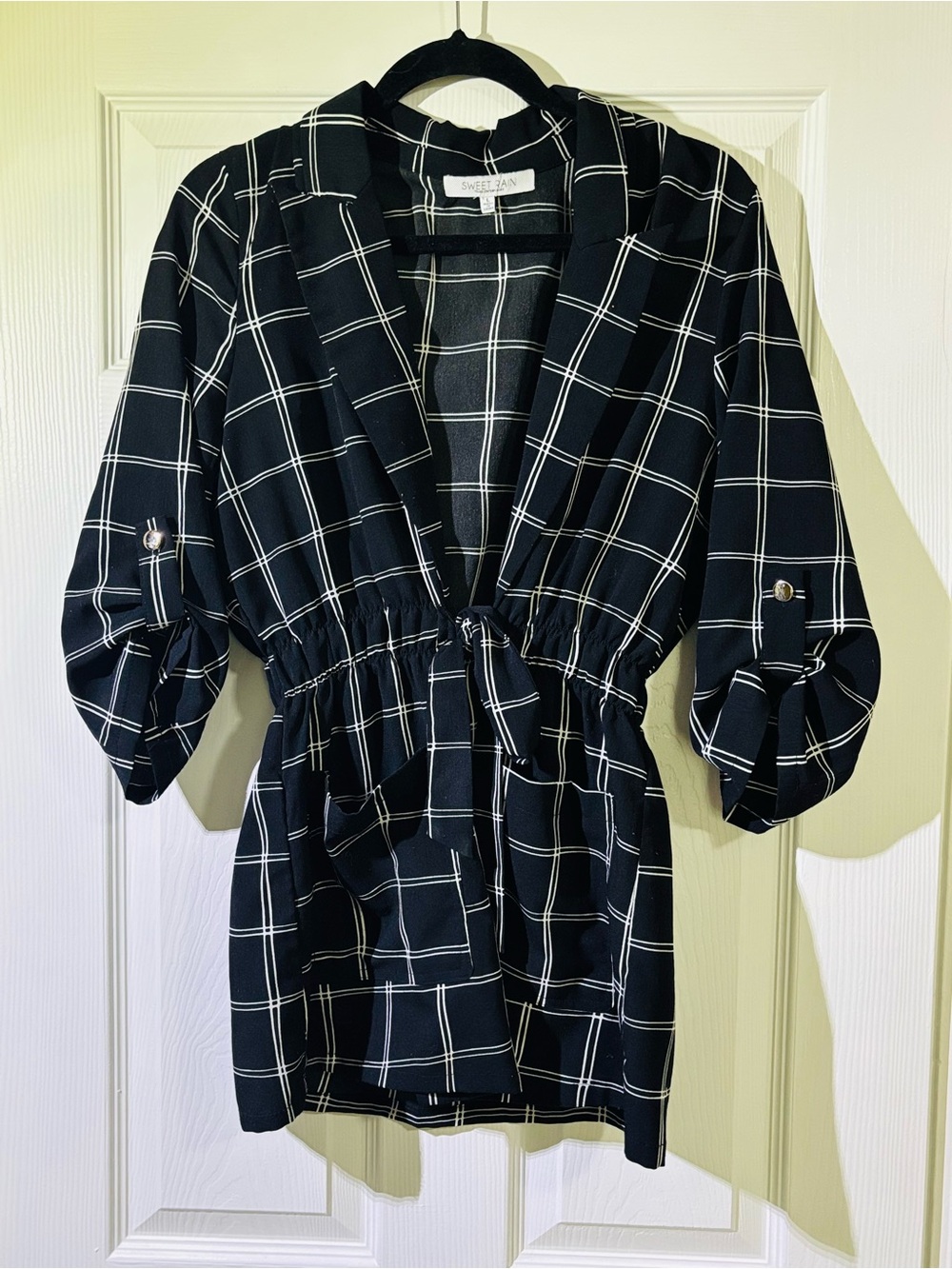 Sweet Rain Black Plaid Drawstring Waist Blouse